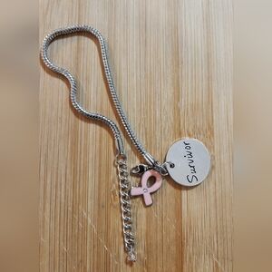 Hand Crafted Bracelet with Breast Cancer and Survivor Charms Silver Chain Pink